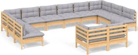 vidaXL Set mobilier grădină cu perne, 12 piese, gri, lemn masiv pin