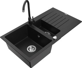 Mexen Matias chiuvetă de granit cu 1,5 compartimente cu scurgător și baterie de bucătărie Telma, negru - 6502-77-670200-70