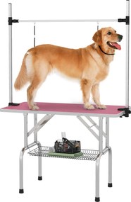 PawHut Masă de toaletat canină pliabilă cu coș metalic, bară din oțel inoxidabil reglabilă, 107x60x164 cm, roz | Aosom Romania