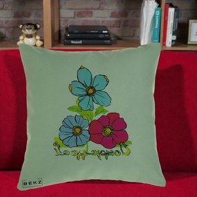 Perna Decorativa Trei Flori Grafice Pop Art, 40x40 cm, Verde, Husa Detasabila, Perna Inclusa, BEKZ®