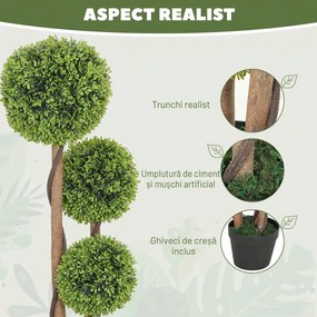 HOMCOM Set 2 Plante Artificiale de Buxus cu 3 Sfere, cu Ghiveci și Fund Întărit, Înălțime 90 cm, pentru Interior și Exterior | Aosom Romania