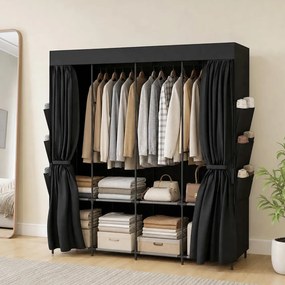 HOMCOM Dulap Textil Compact cu 5 Bare, 4 Rafturi, 6 Buzunare Laterale, Uși Antipraf cu Fermoar, Negru | Aosom Romania
