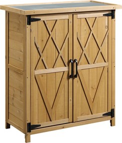 Outsunny Căsuță de Grădină pentru Unelte cu 2 Uși, 4 Rafturi și Bază Ridicată, 75x40x90 cm, Natural | Aosom Romania