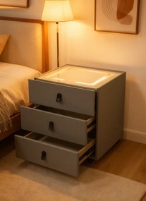 Noptieră inteligentă, încărcare Wireless și port USB+USB C, 3 sertare, 3 tipuri de iluminare LED touch, 3 tipuri de culoare, sticla securizata, Gri