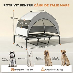 PawHut Pat pentru Câini cu Copertină Detașabilă pe 3 Laturi, din Poliester și Oțel, 106x76x94 cm, Gri Deschis și Negru | Aosom Romania