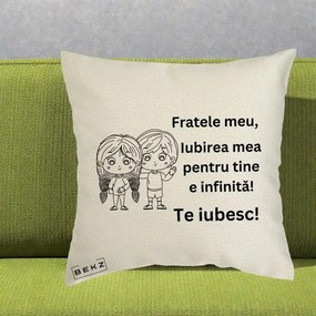 Cadou pentru Frate - Perna Personalizata Fratele Meu Te Iubesc Copii Anime Line Art Negru, 40x40 cm, Ecru, Husa Detasabila, Perna Inclusa, BEKZ®