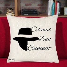 Cadou pentru Cumnat - Perna Personalizata Cel mai Bun Cumnat cu Silueta Palarie, 40x40 cm, Crem Reliefat, Husa Detasabila, Perna Inclusa, BEKZ®