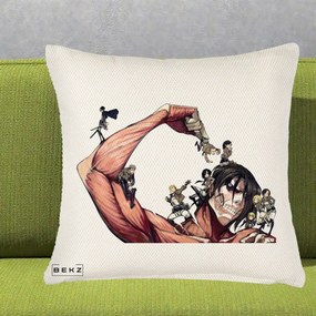 Perna Personalizata Attack on Titan Eren Titan Grup, 40x40 cm, Crem Reliefat, Husa Detasabila, Perna Inclusa, BEKZ®