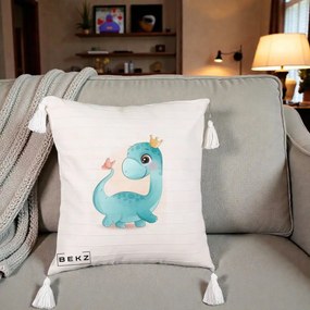 Perna Personalizata Dinozaur Bland Coroana Kawaii, 40x40 cm, Bej cu Franjuri, Husa Detasabila, Perna Inclusa, BEKZ®
