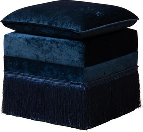 Taburet din catifea albastru închis, formă rotunjită, cu franjuri decorative și pernă, 42×42×50 cm, „Costanza"