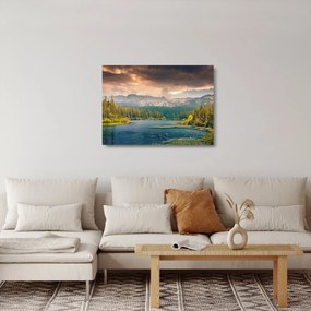 Tablou pe sticlă cu râu montan și munți (70x50 cm)