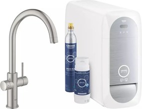 Baterie bucatarie Grohe Blue Home crom periat Supersteel pipa tip C si Starter Kit