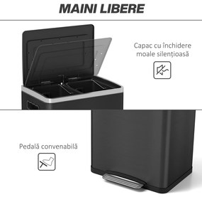 HOMCOM Coș de Gunoi cu 2 Secțiuni de 20L cu Pedală și Capac cu Închidere Moale, din Oțel Inoxidabil și PP, 40x34.8x59 cm, Negru | Aosom Romania