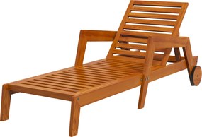 Outsunny Șezlong din lemn cu lamele cu spătar reglabil în 3 poziții cotiere 2 roți 66 x 190 x 73,5 cm | Aosom Romania