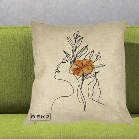 Perna Decorativa Portret Feminin Floare Portocalie Lateral, 40x40 cm, Crem, Husa Detasabila, Perna Inclusa, BEKZ®