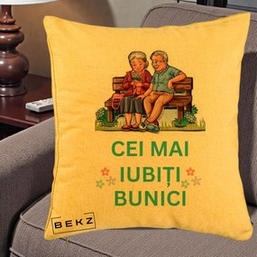 Cadou pentru Bunici - Perna Personalizata Cei Mai Iubiti Bunici Cuplu pe Banca Ilustratie, 40x40 cm, Galben, Husa Detasabila, Perna Inclusa, BEKZ®
