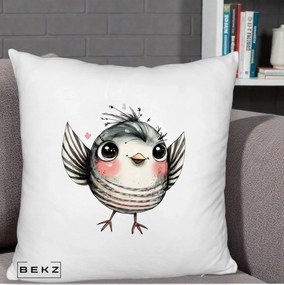 Perna Decorativa Pasare Gri cu Aripi si Inimioare, 40x40 cm, Alb Pufos, Husa Detasabila, Perna Inclusa, BEKZ®