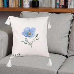 Perna Decorativa Mac Albastru Acuarela, 40x40 cm, Bej cu Franjuri, Husa Detasabila, Perna Inclusa, BEKZ®