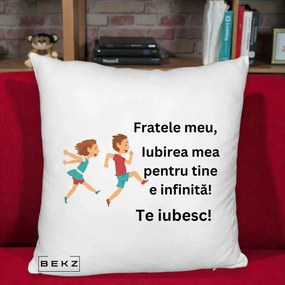 Cadou pentru Frate - Perna Personalizata Fratele Meu Te Iubesc Copii Alergand Colorat, 40x40 cm, Alb Pufos, Husa Detasabila, Perna Inclusa, BEKZ®
