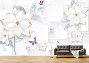 Tapet Premium Canvas - Abstract flori albe cu fluturi