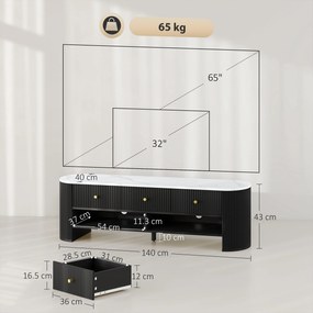 HOMCOM Corp TV 140 cm, pentru televizoare de 165 cm, efect marmură, 3 sertare cu fronturi canelate, 2 rafturi, negru | Aosom Romania