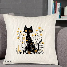 Perna Decorativa Pisica Neagra Ochi Galbeni Flori Galbene, 40x40 cm, Crem Reliefat, Husa Detasabila, Perna Inclusa, BEKZ®