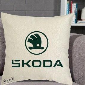 Perna Personalizata cu emblema Skoda, 40x40 cm, Ecru, Husa Detasabila, Perna Inclusa, BEKZ®