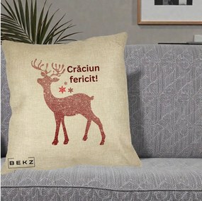 Perna Decorativa Ren Sclipitor Glitter Craciun Fericit, 40x40 cm, Crem, Husa Detasabila, Perna Inclusa, BEKZ®