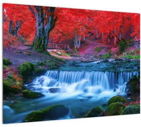 Tablou pe sticlă - Cascada în pădurea roșie (70x50 cm)
