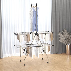 HOMCOM Uscător de rufe cu suport pliabil și roți, spațiu mare de uscare, oțel inoxidabil 138,5 x 63 x 208 cm argintiu negru | Aosom Romania