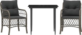 vidaXL Set bistro de grădină cu perne, 3 piese, gri, poliratan