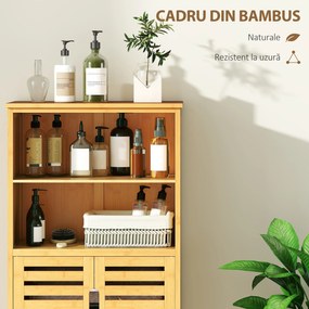 kleankin Mobile Bagno in Bambù, Mobiletto Bagno Salvaspazio con 2 Ante a Persiana e Ripiani Aperti, Armadietto da Terra per Sala da Pranzo, Salotto, Soggiorno, Cucina, 50x29x92 cm, Color Legno | Aosom Romania