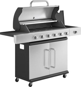 Outsunny Grătar pe Gaz, 6 Arzătoare, Arzător Lateral, Grilaj din Fontă, Dulap Inclus | Aosom Romania
