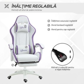 Vinsetto Scaun Gaming Reglabil pe Înălțime cu Tetieră, Alb și Mov | Aosom Romania