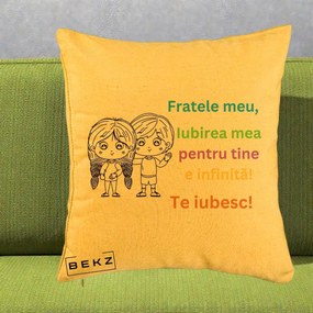 Cadou pentru Frate - Perna Personalizata Fratele Meu Te Iubesc Copii Anime Colorat, 40x40 cm, Galben, Husa Detasabila, Perna Inclusa, BEKZ®
