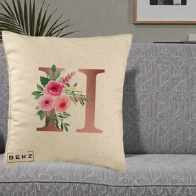 Cadou Personalizat - Perna Personalizata Monograma Rose Gold Litera H, 40x40 cm, Bej, Husa Detasabila, Perna Inclusa, BEKZ®