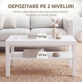 HOMCOM Măsuță de living dreptunghiulară cu poliță mare, 90 x 45 x 44,5 cm, alb | Aosom Romania