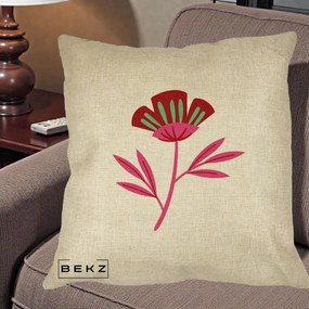 Perna Decorativa Floare Macul Roz-Rosu Grafic, 40x40 cm, Crem, Husa Detasabila, Perna Inclusa, BEKZ®