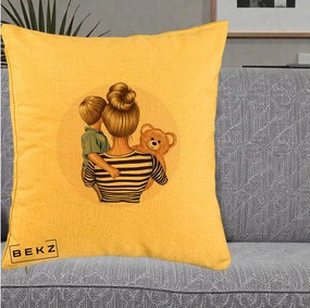 Cadou pentru Mama - Perna Personalizata Mama si Baietelul cu Ursulet, 40x40 cm, Galben, Husa Detasabila, Perna Inclusa, BEKZ®