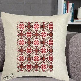 Perna Personalizata Motiv Traditional Ie Romaneasca Rosu, 40x40 cm, Ecru, Husa Detasabila, Perna Inclusa, BEKZ®