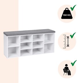 Pantofar cu bancă tapițată GABI, 10 compartimente, 104x30x48cm, gri/alb Jurhan