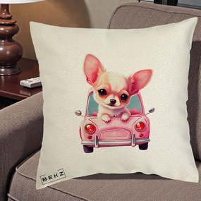 Perna Decorativa Chihuahua Roz in Masinuta, 40x40 cm, Ecru, Husa Detasabila, Perna Inclusa, BEKZ®