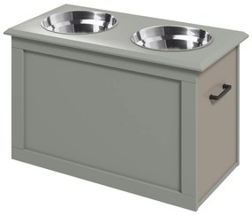 PawHut Boluri ridicate pentru câini bol dublu câine pisică Suport pentru boluri ridicat dim. 60L x 30W x 41H cm 2 boluri 2L mânere compartiment lemn gri | Aosom Romania