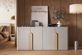 Comodă cu patru uși Amilio 200 cm - cashmere / stejar uleiat / mânere stejar deschis