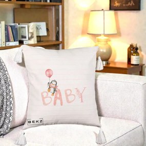 Perna Personalizata Baby Pinguin Roz, 40x40 cm, Bej cu Franjuri, Husa Detasabila, Perna Inclusa, BEKZ®