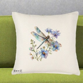 Perna Decorativa Libelula Acuarela Flori Albastre, 40x40 cm, Crem Reliefat, Husa Detasabila, Perna Inclusa, BEKZ®