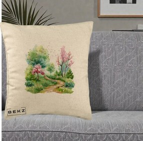 Perna Decorativa Gradina Primavara Acuarela, 40x40 cm, Bej, Husa Detasabila, Perna Inclusa, BEKZ®