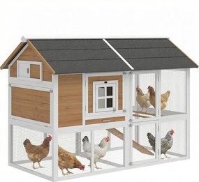 PawHut Adăpost pentru găini cu țarc Cuib tavă extractabilă acoperiș din asfalt pentru 4 găini 200x104x145cm lemn Maro | Aosom Romania