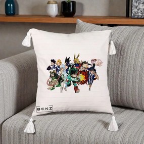 Perna Personalizata My Hero Academia Clasa 1-A Complet, 40x40 cm, Bej cu Franjuri, Husa Detasabila, Perna Inclusa, BEKZ®