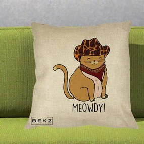 Perna Decorativa Pisica Cowboy Meowdy, 40x40 cm, Crem, Husa Detasabila, Perna Inclusa, BEKZ®
